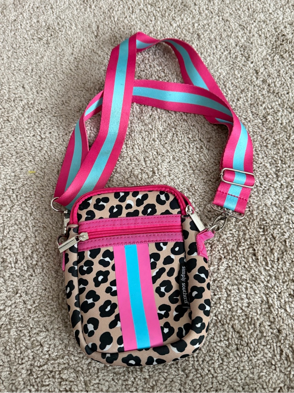 Simply Southern Neoprene Crossbody Purse Pink Leopard Print Striped Strap